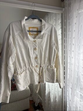 Anthropologie Cream Textured Drawstring Jacket